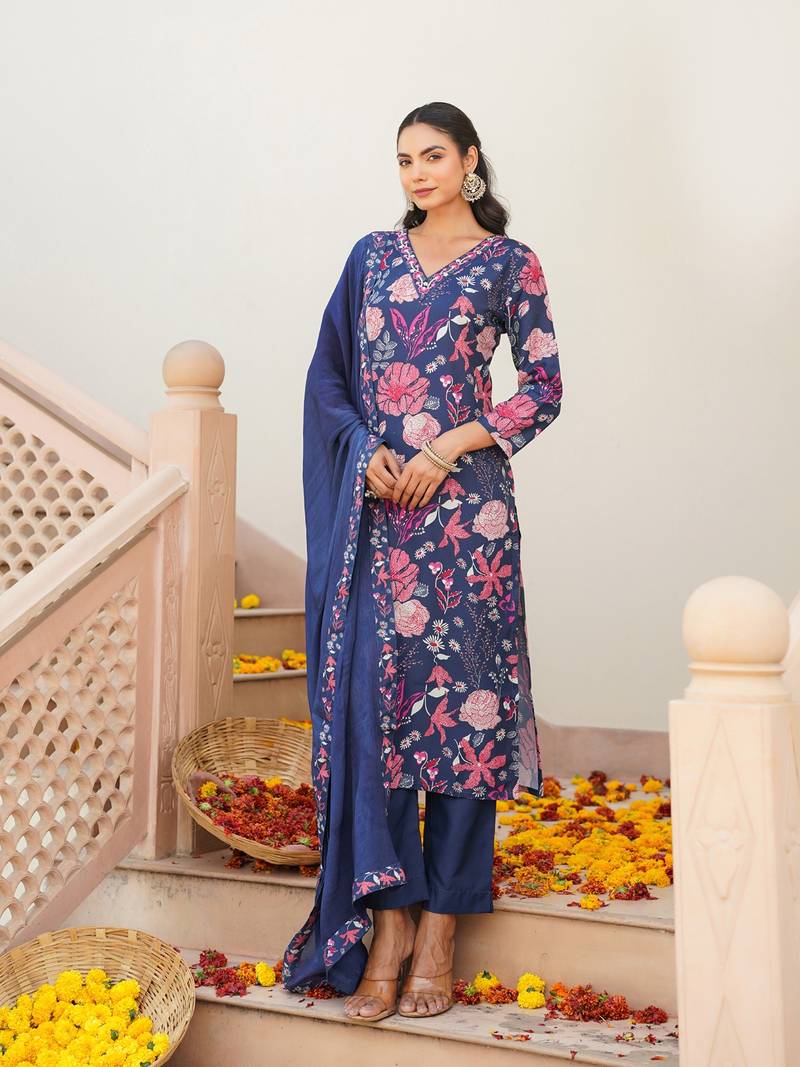 Women blue rayon blend floral printed straight kurta trouser with dupatta
