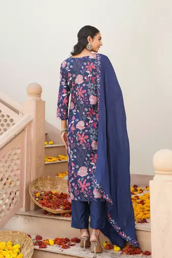 Women blue rayon blend floral printed straight kurta trouser with dupatta