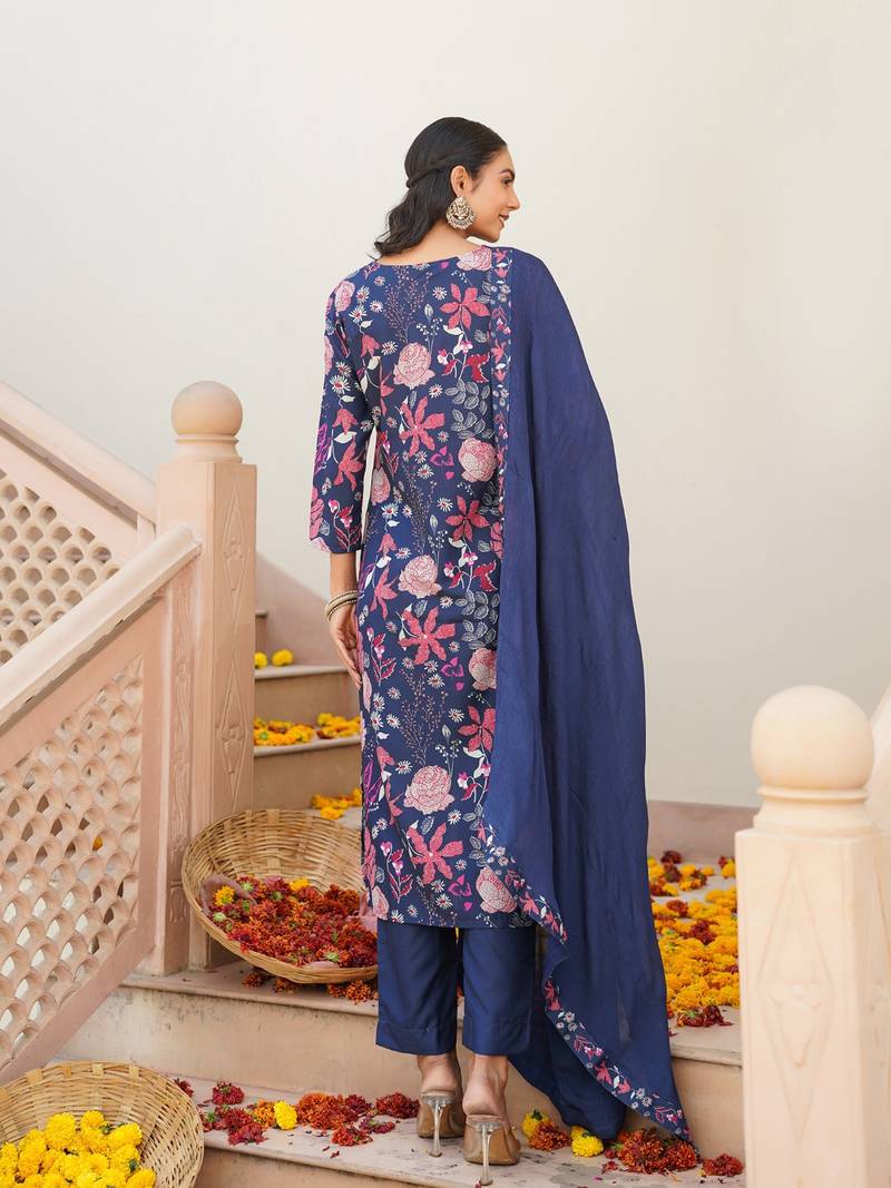 Women blue rayon blend floral printed straight kurta trouser with dupatta