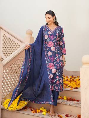 Women blue rayon blend floral printed straight kurta trouser with dupatta 5