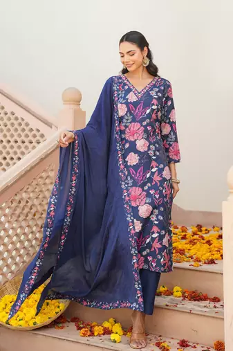 Women blue rayon blend floral printed straight kurta trouser with dupatta