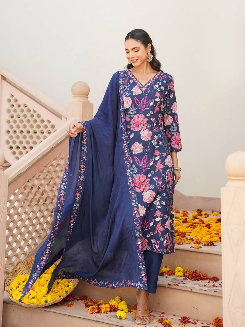 Women blue rayon blend floral printed straight kurta trouser with dupatta