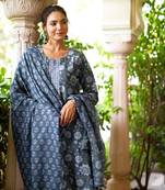 Women blue rayon blend floral printed straight kurta trouser with dupatta