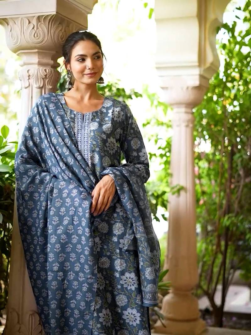 Women blue rayon blend floral printed straight kurta trouser with dupatta