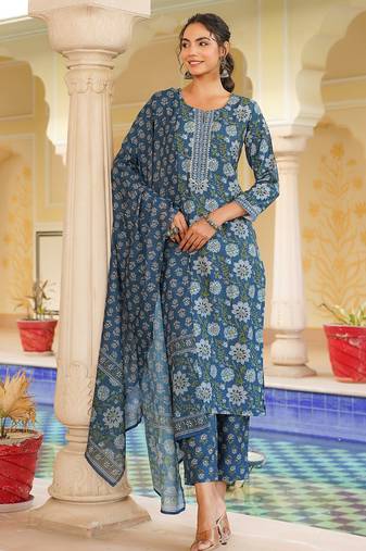 Women blue rayon blend floral printed straight kurta trouser with dupatta