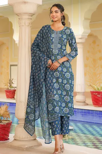 Women blue rayon blend floral printed straight kurta trouser with dupatta
