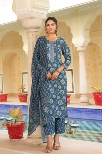 Women blue rayon blend floral printed straight kurta trouser with dupatta