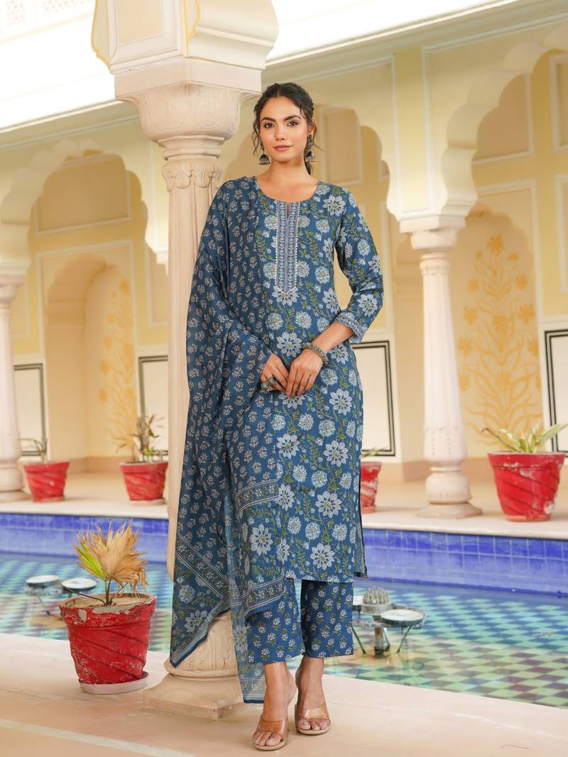 Women blue rayon blend floral printed straight kurta trouser with dupatta