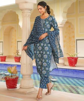 Women blue rayon blend floral printed straight kurta trouser with dupatta 3