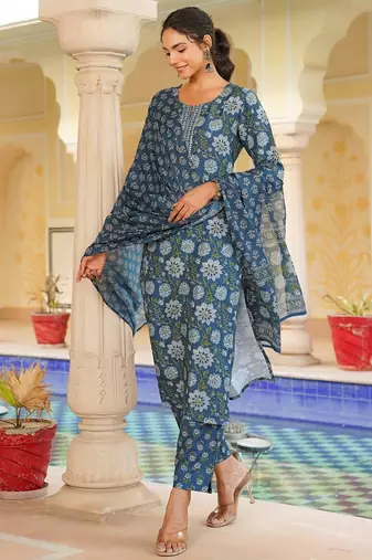 Women blue rayon blend floral printed straight kurta trouser with dupatta