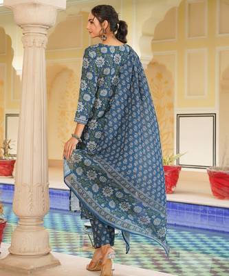 Women blue rayon blend floral printed straight kurta trouser with dupatta 4