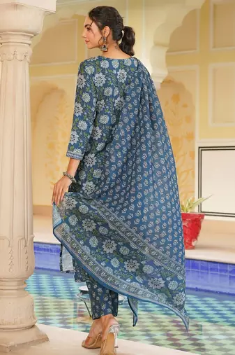 Women blue rayon blend floral printed straight kurta trouser with dupatta
