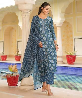 Women blue rayon blend floral printed straight kurta trouser with dupatta 5