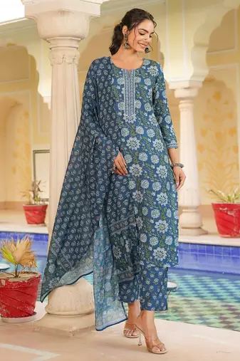 Women blue rayon blend floral printed straight kurta trouser with dupatta