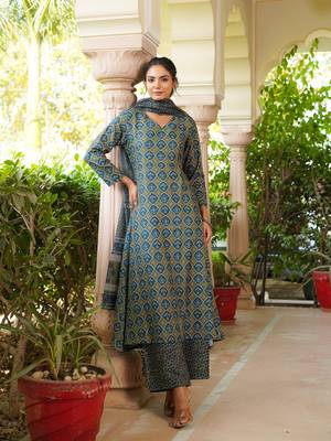 Women olive rayon blend floral printed a-line kurta palazzo with dupatta 1