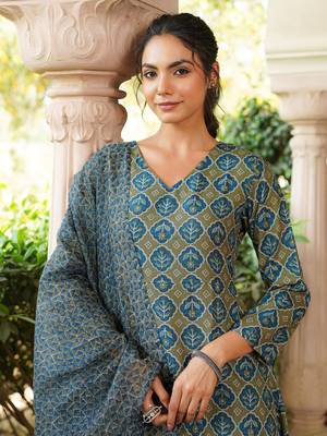 Women olive rayon blend floral printed a-line kurta palazzo with dupatta 2