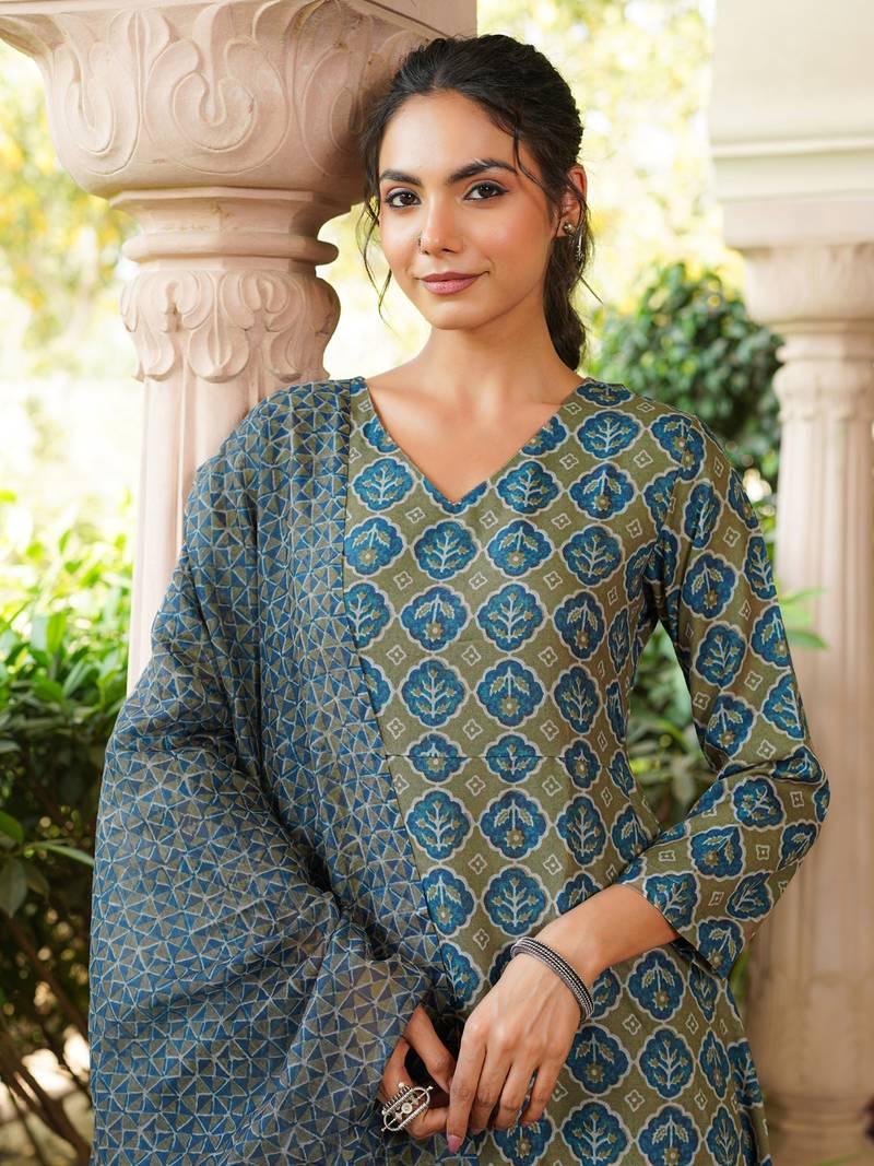 Women olive rayon blend floral printed a-line kurta palazzo with dupatta