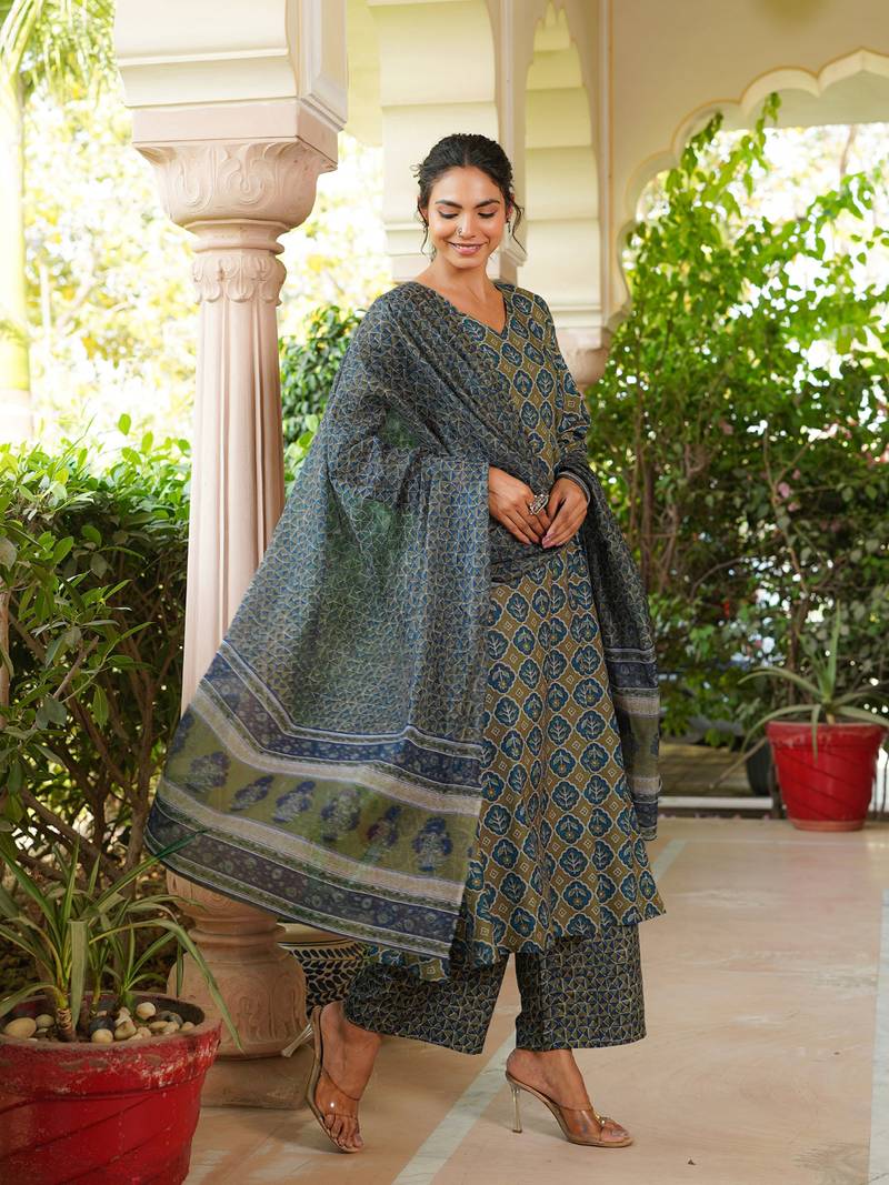 Women olive rayon blend floral printed a-line kurta palazzo with dupatta