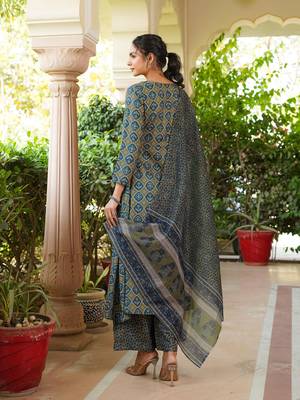Women olive rayon blend floral printed a-line kurta palazzo with dupatta 4
