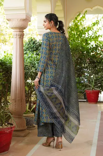 Women olive rayon blend floral printed a-line kurta palazzo with dupatta