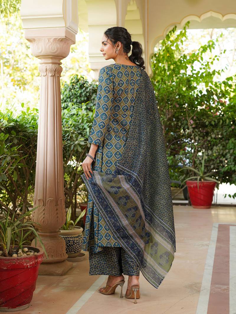 Women olive rayon blend floral printed a-line kurta palazzo with dupatta