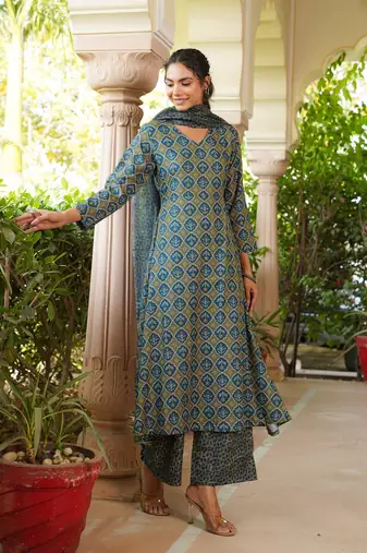 Women olive rayon blend floral printed a-line kurta palazzo with dupatta