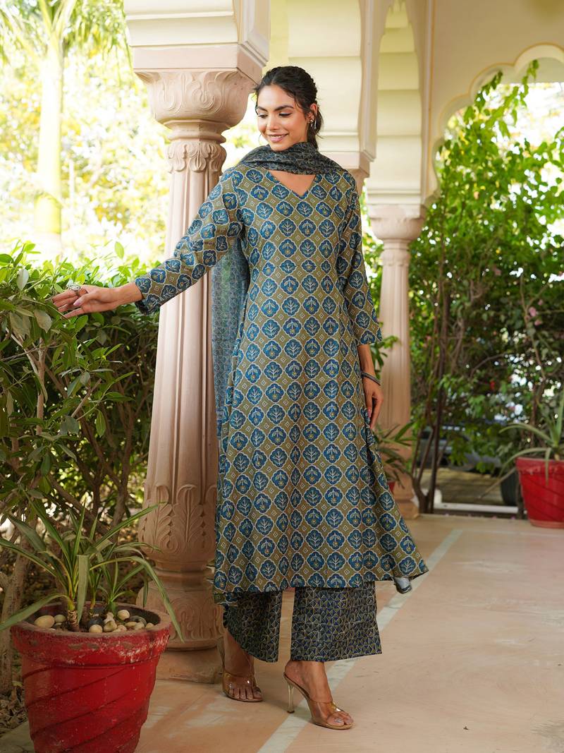 Women olive rayon blend floral printed a-line kurta palazzo with dupatta