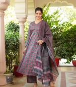 Women maroon rayon blend floral printed a-line kurta palazzo with dupatta