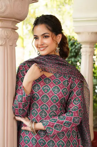 Women maroon rayon blend floral printed a-line kurta palazzo with dupatta