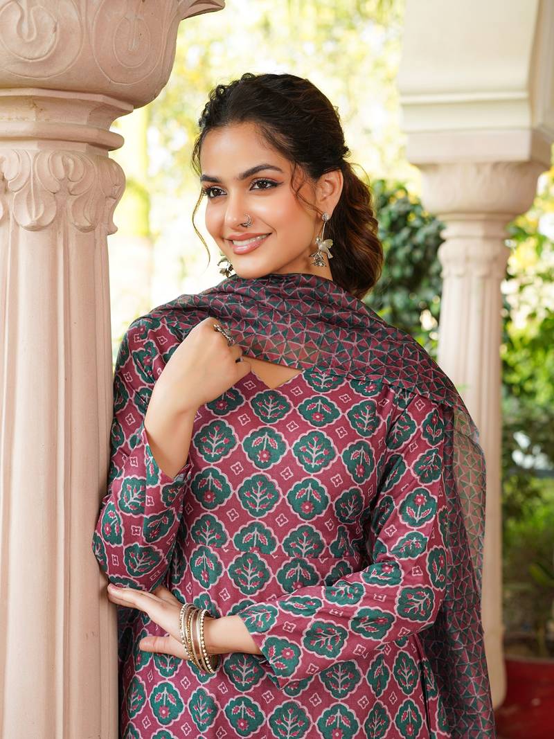 Women maroon rayon blend floral printed a-line kurta palazzo with dupatta