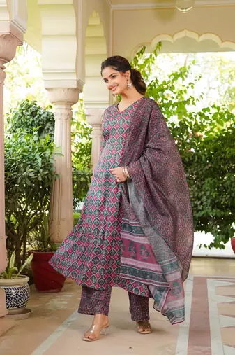 Women maroon rayon blend floral printed a-line kurta palazzo with dupatta