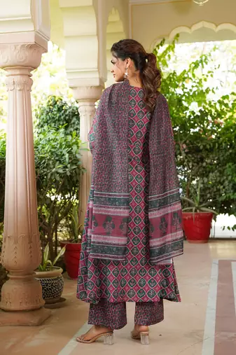 Women maroon rayon blend floral printed a-line kurta palazzo with dupatta