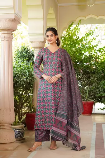 Women maroon rayon blend floral printed a-line kurta palazzo with dupatta