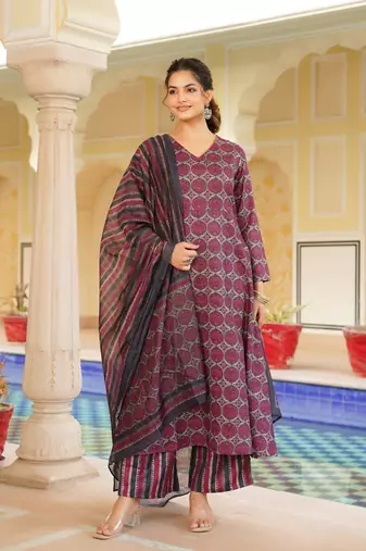 Women pink rayon blend floral printed a-line kurta palazzo with dupatta