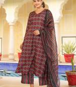 Women red rayon blend floral printed a-line kurta palazzo with dupatta