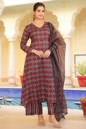 Women red rayon blend floral printed a-line kurta palazzo with dupatta