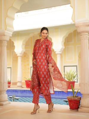 Women red rayon blend floral printed straight kurta trouser with dupatta 3