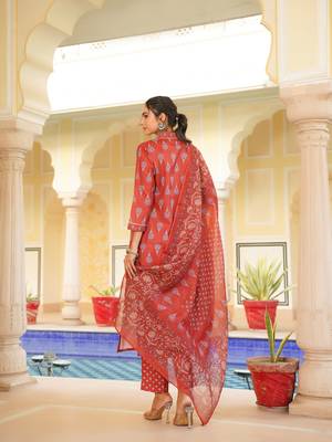 Women red rayon blend floral printed straight kurta trouser with dupatta 4