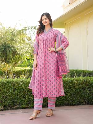 Women pink rayon blend ethnic motifs printed straight kurta trouser with dupatta 1