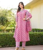 Women pink rayon blend ethnic motifs printed straight kurta trouser with dupatta