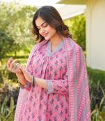 Women pink rayon blend ethnic motifs printed straight kurta trouser with dupatta