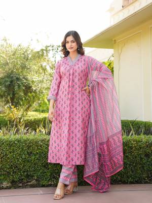 Women pink rayon blend ethnic motifs printed straight kurta trouser with dupatta 2