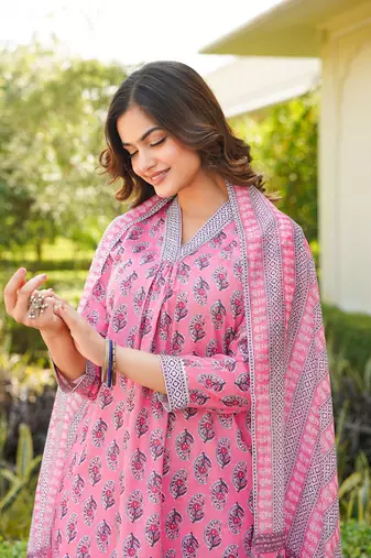 Women pink rayon blend ethnic motifs printed straight kurta trouser with dupatta