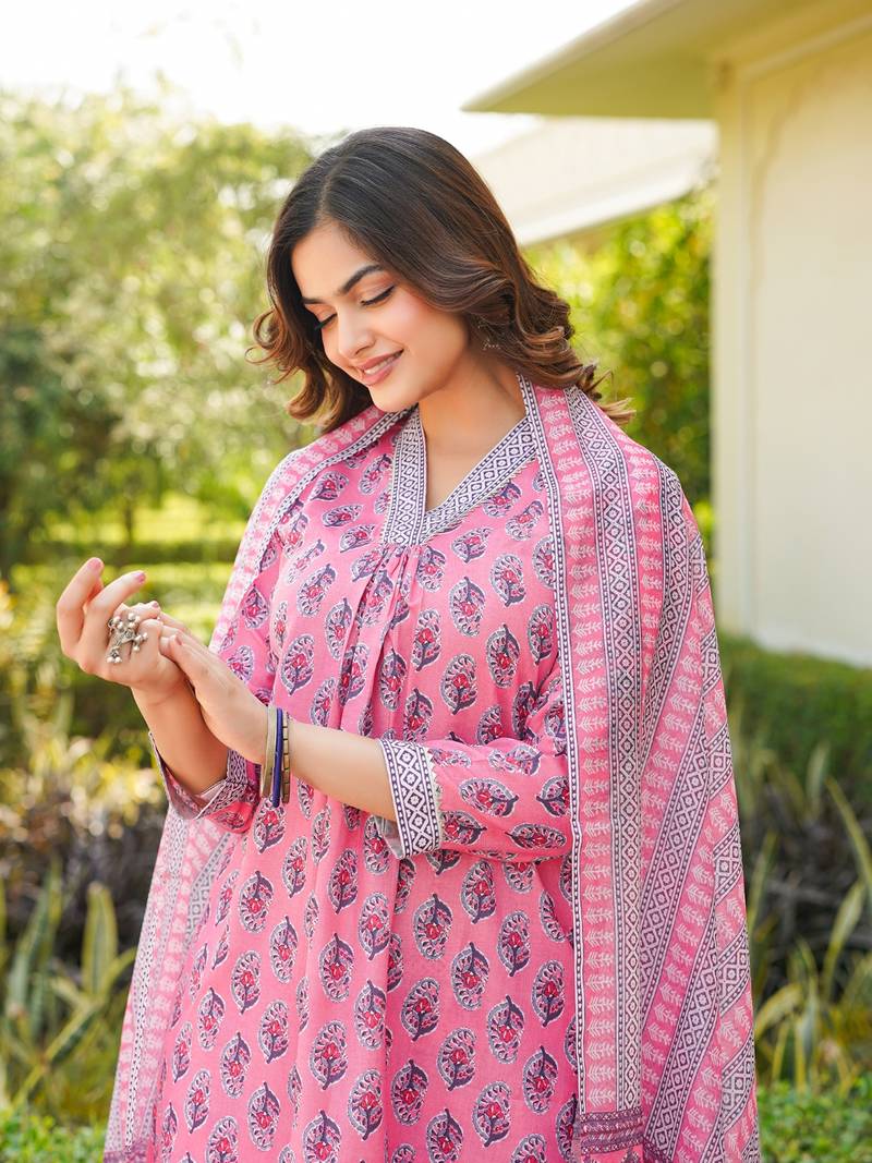 Women pink rayon blend ethnic motifs printed straight kurta trouser with dupatta