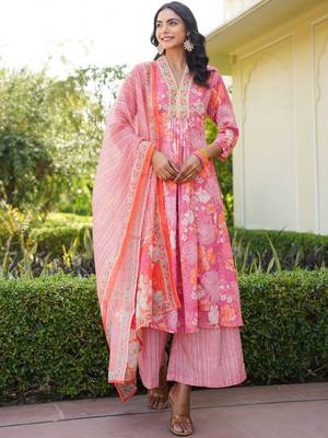 Women pink rayon blend floral printed a-line kurta palazzo with dupatta 1