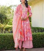 Women pink rayon blend floral printed a-line kurta palazzo with dupatta