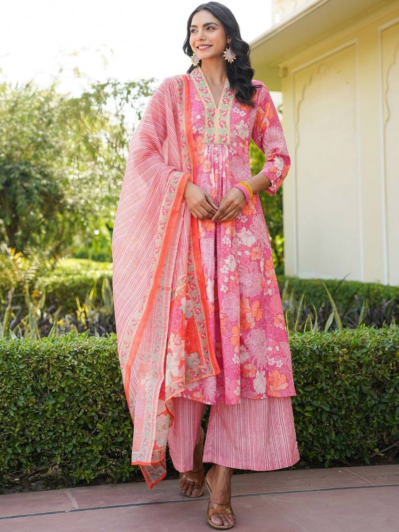 Women pink rayon blend floral printed a-line kurta palazzo with dupatta