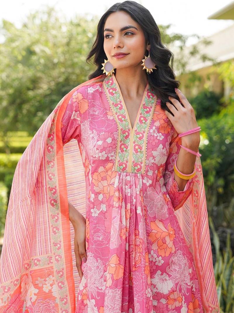 Women pink rayon blend floral printed a-line kurta palazzo with dupatta