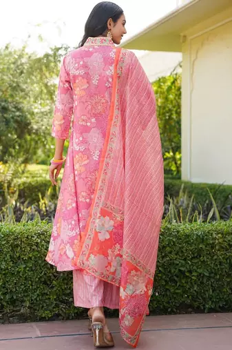 Women pink rayon blend floral printed a-line kurta palazzo with dupatta