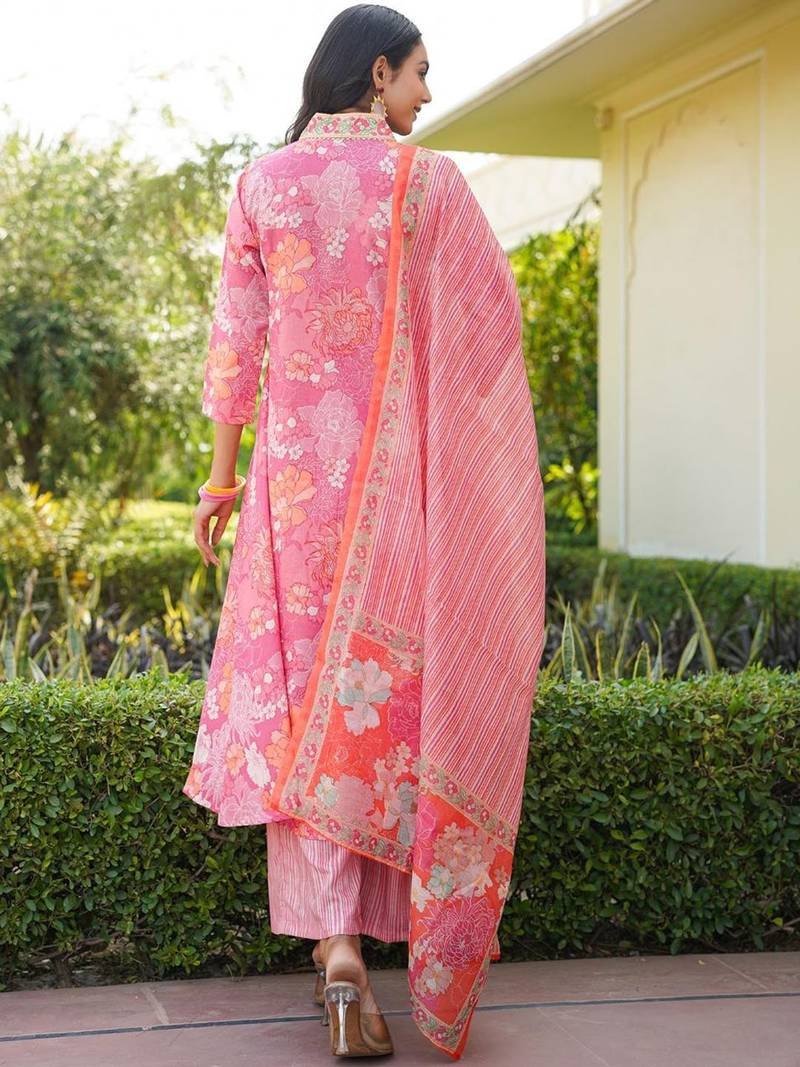 Women pink rayon blend floral printed a-line kurta palazzo with dupatta